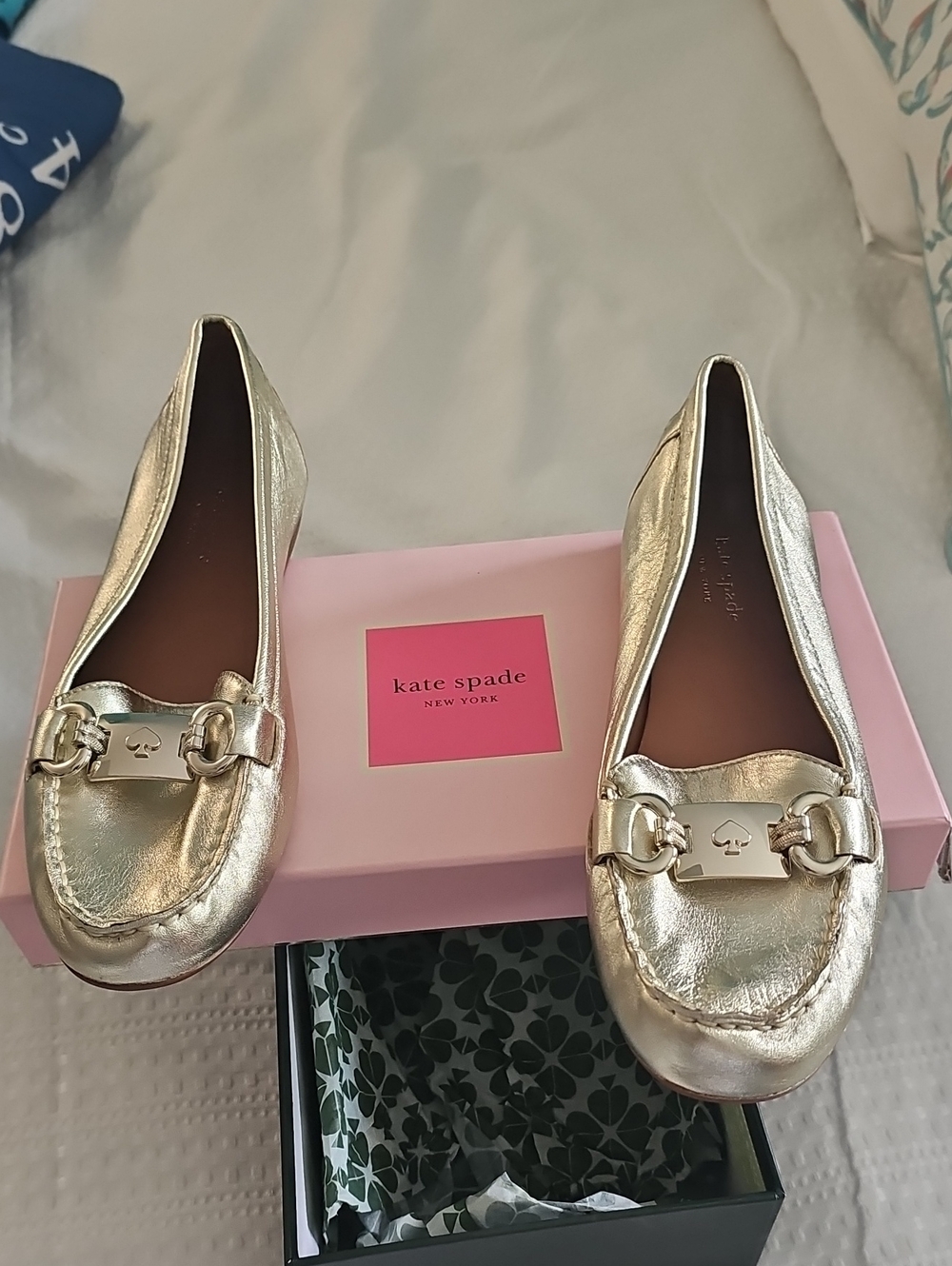 kate spade Metallic Gold Leather Loafers with Buckle Accent - Picture 5 of 6